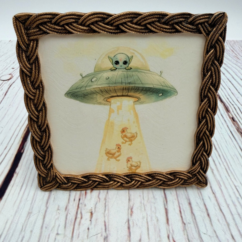 Vintage Braided Frame UFO Alien Abducting Chickens Decoupage Art Print 4x4